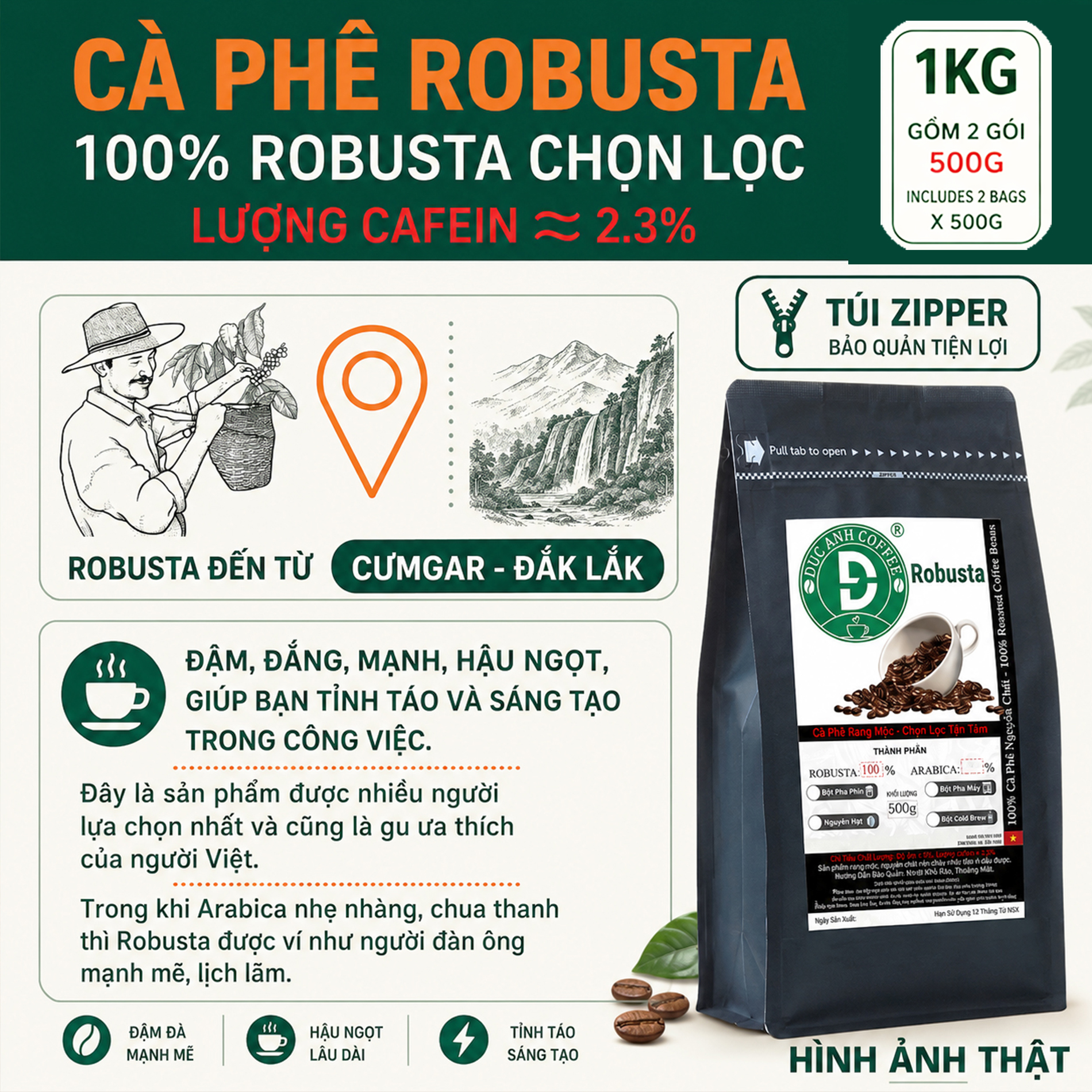 1kg cà phê rang mộc Robusta DUC ANH COFFEE nguyên chất xay pha phin, xay pha máy, ủ lạnh, nguyên hạt, cà phê Đức Anh - Ảnh 3